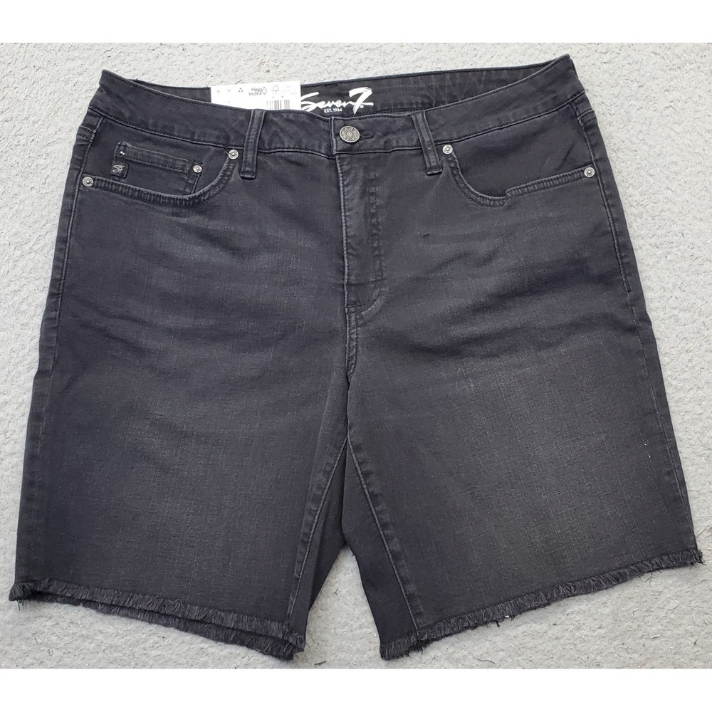 Seven7 Bermuda Jean Shorts Women 12 Black Denim Relaxed Fit Dark Wash Frayed Hem